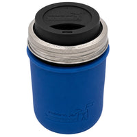 16oz Ball wide mouth mason jar travel mug with Deep Blue silicone sleeve and Black drinking lid