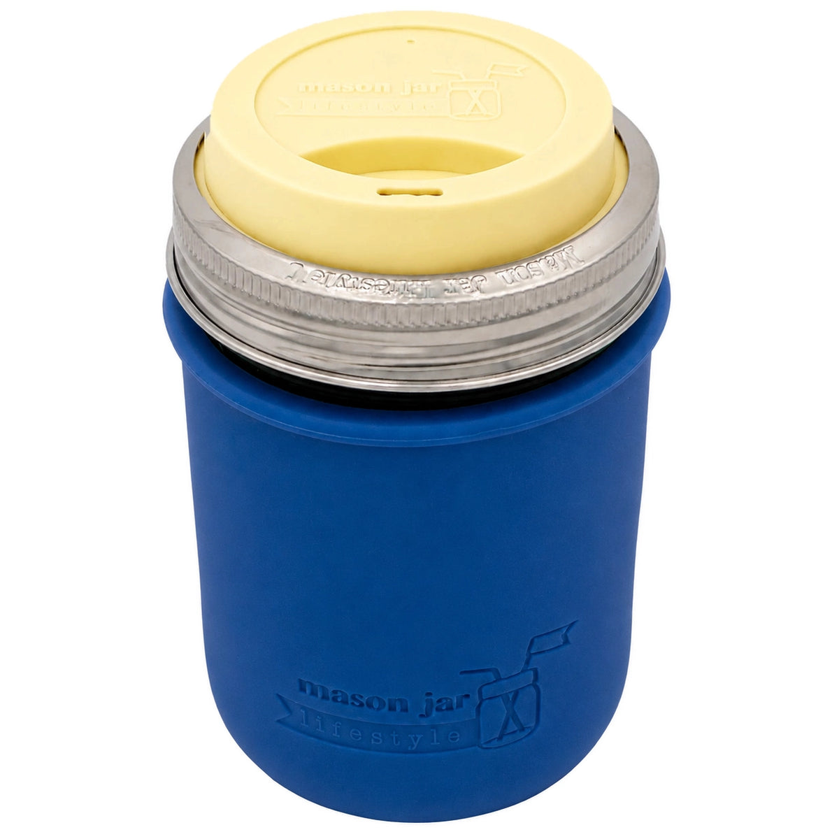 16oz Ball wide mouth mason jar travel mug with Deep Blue silicone sleeve and Butter Yellow drinking lid