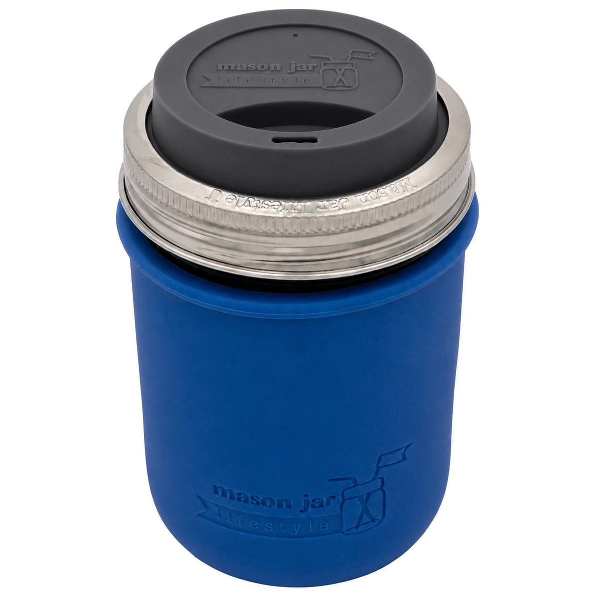 16oz Ball wide mouth mason jar travel mug with Deep Blue silicone sleeve and Charcoal Gray drinking lid