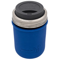 16oz Ball wide mouth mason jar travel mug with Deep Blue silicone sleeve and Charcoal Gray drinking lid
