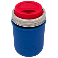 16oz Ball wide mouth mason jar travel mug with Deep Blue silicone sleeve and Cherry Red drinking lid