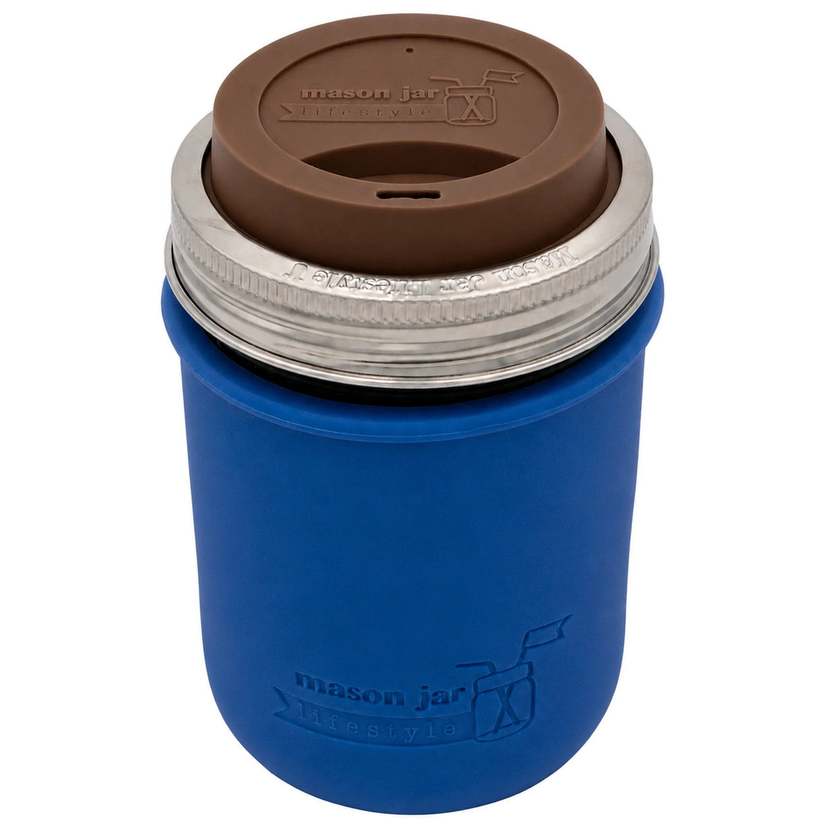 16oz Ball wide mouth mason jar travel mug with Deep Blue silicone sleeve and Cocoa Brown drinking lid