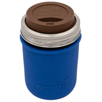 16oz Ball wide mouth mason jar travel mug with Deep Blue silicone sleeve and Cocoa Brown drinking lid