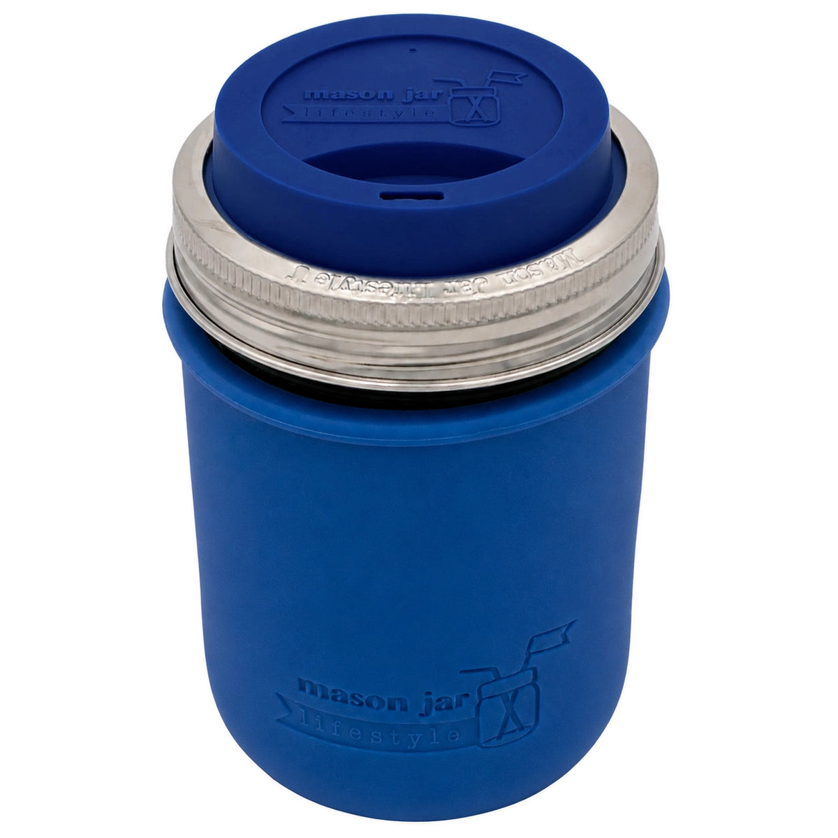 16oz Ball wide mouth mason jar travel mug with Deep Blue silicone sleeve and Deep Blue drinking lid
