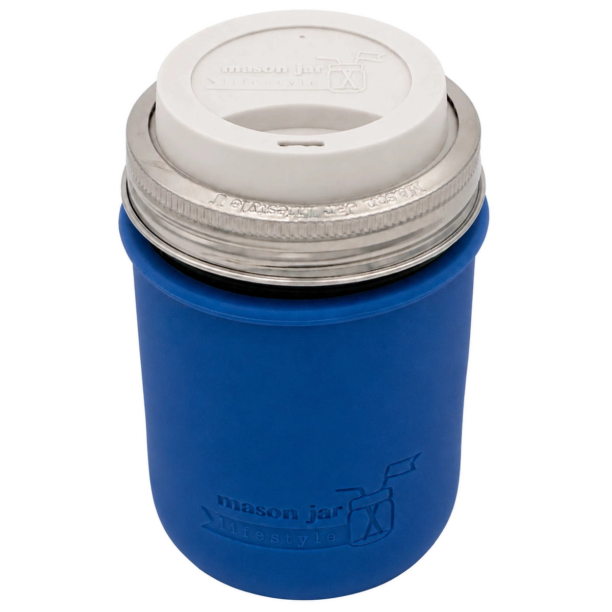 16oz Ball wide mouth mason jar travel mug with Deep Blue silicone sleeve and Greige drinking lid