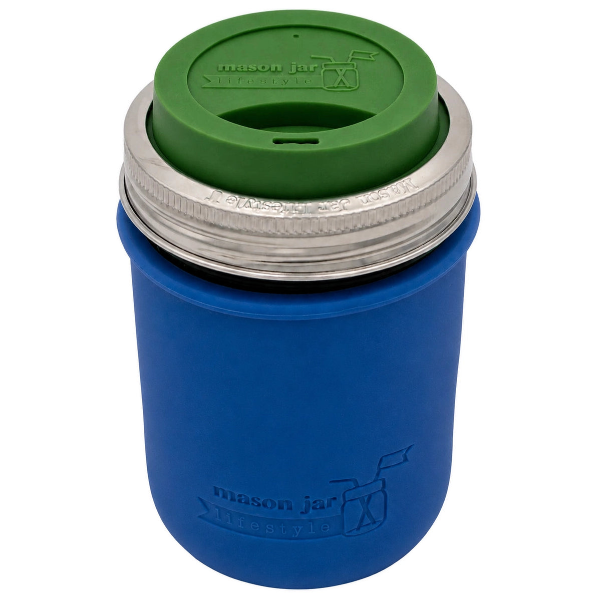 16oz Ball wide mouth mason jar travel mug with Deep Blue silicone sleeve and Leaf Green drinking lid