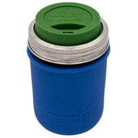 16oz Ball wide mouth mason jar travel mug with Deep Blue silicone sleeve and Leaf Green drinking lid