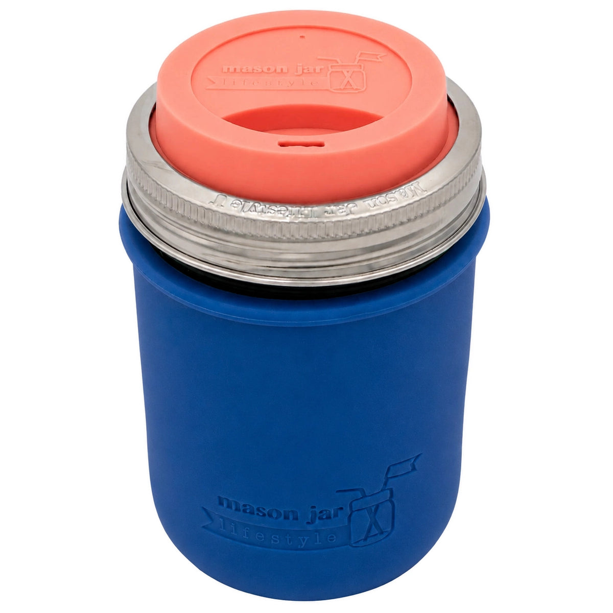 16oz Ball wide mouth mason jar travel mug with Deep Blue silicone sleeve and Light Coral drinking lid