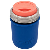 16oz Ball wide mouth mason jar travel mug with Deep Blue silicone sleeve and Light Coral drinking lid