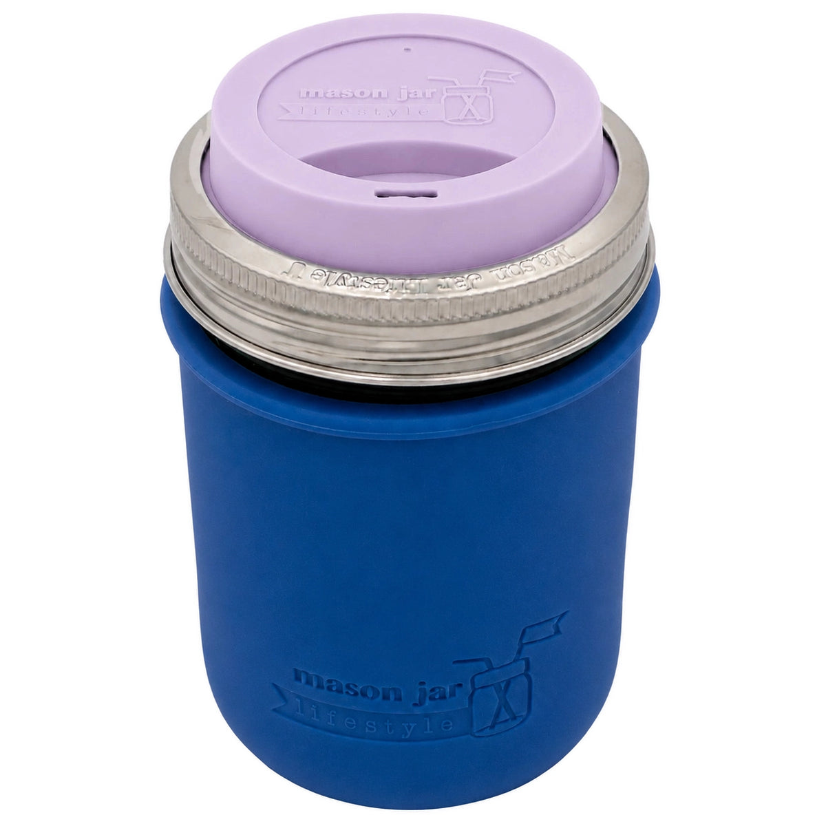 16oz Ball wide mouth mason jar travel mug with Deep Blue silicone sleeve and Light Orchid drinking lid