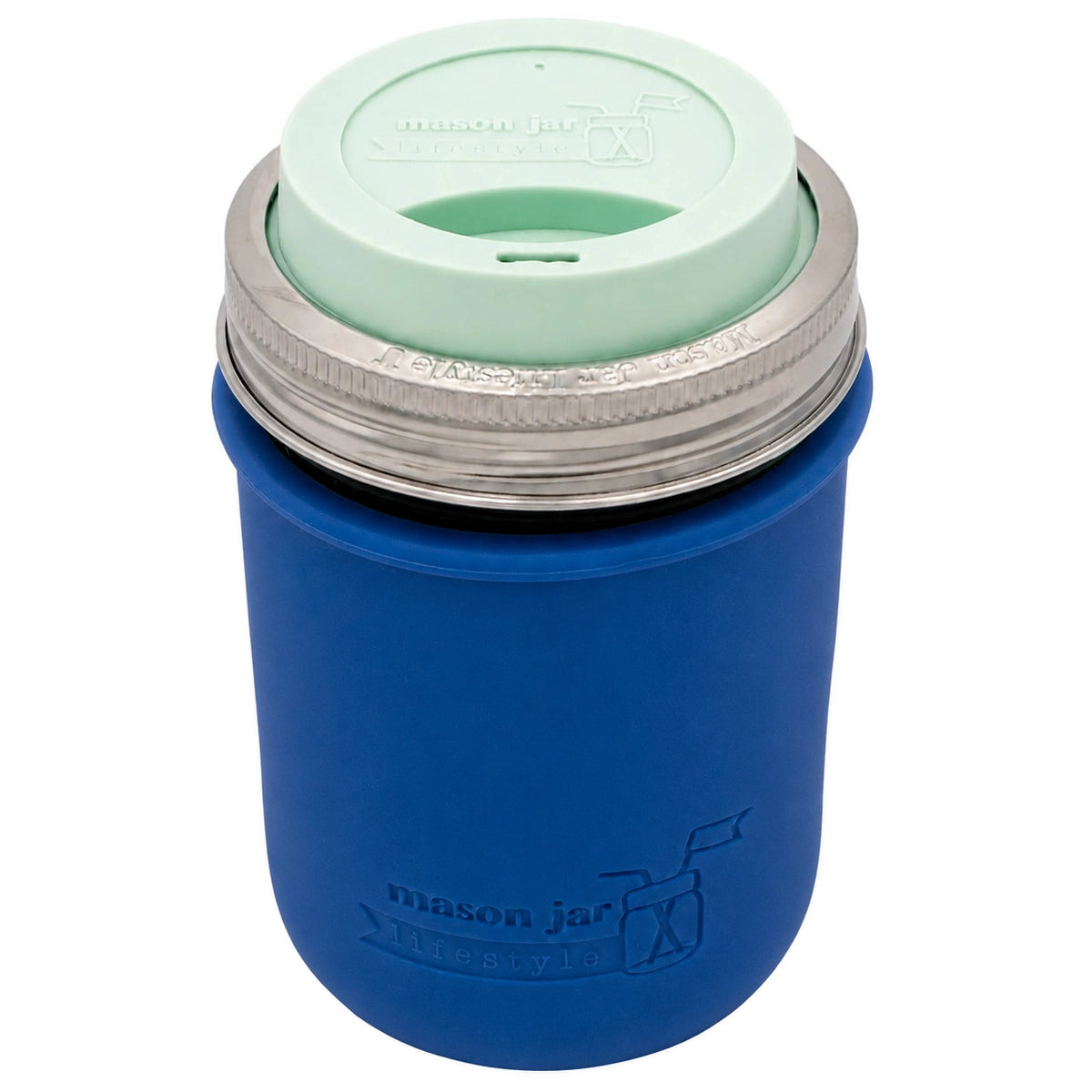 16oz Ball wide mouth mason jar travel mug with Deep Blue silicone sleeve and Mint Green drinking lid