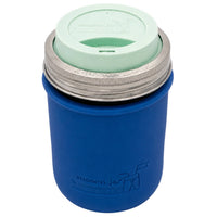 16oz Ball wide mouth mason jar travel mug with Deep Blue silicone sleeve and Mint Green drinking lid