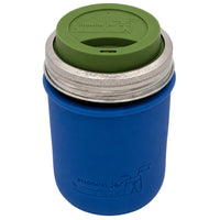 16oz Ball wide mouth mason jar travel mug with Deep Blue silicone sleeve and Olive Green drinking lid
