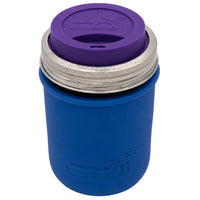 16oz Ball wide mouth mason jar travel mug with Deep Blue silicone sleeve and Ultra Violet drinking lid