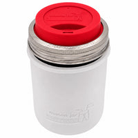 16oz Ball wide mouth mason jar travel mug with Frost silicone sleeve and Cherry Red drinking lid