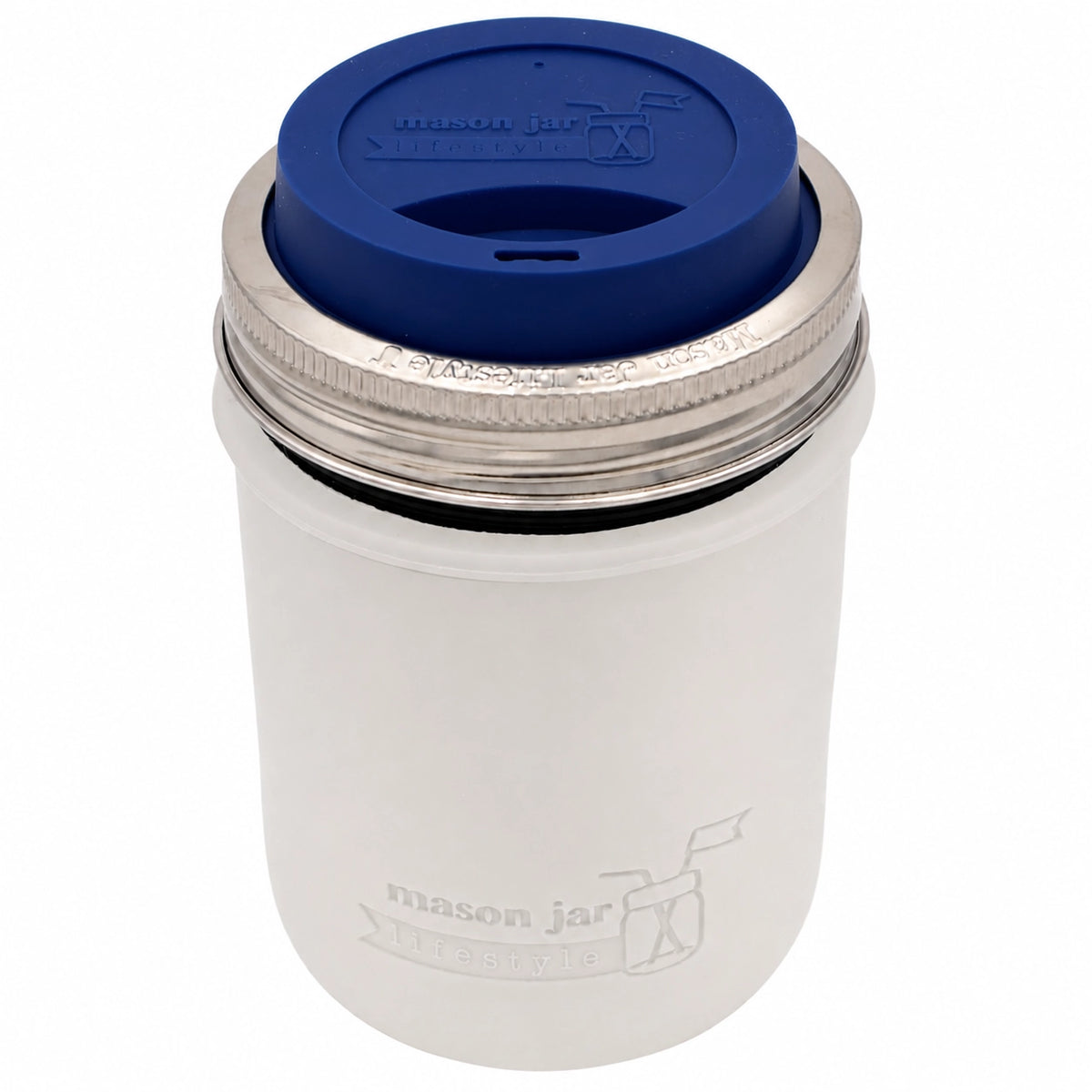 16oz Ball wide mouth mason jar travel mug with Frost silicone sleeve and Deep Blue drinking lid