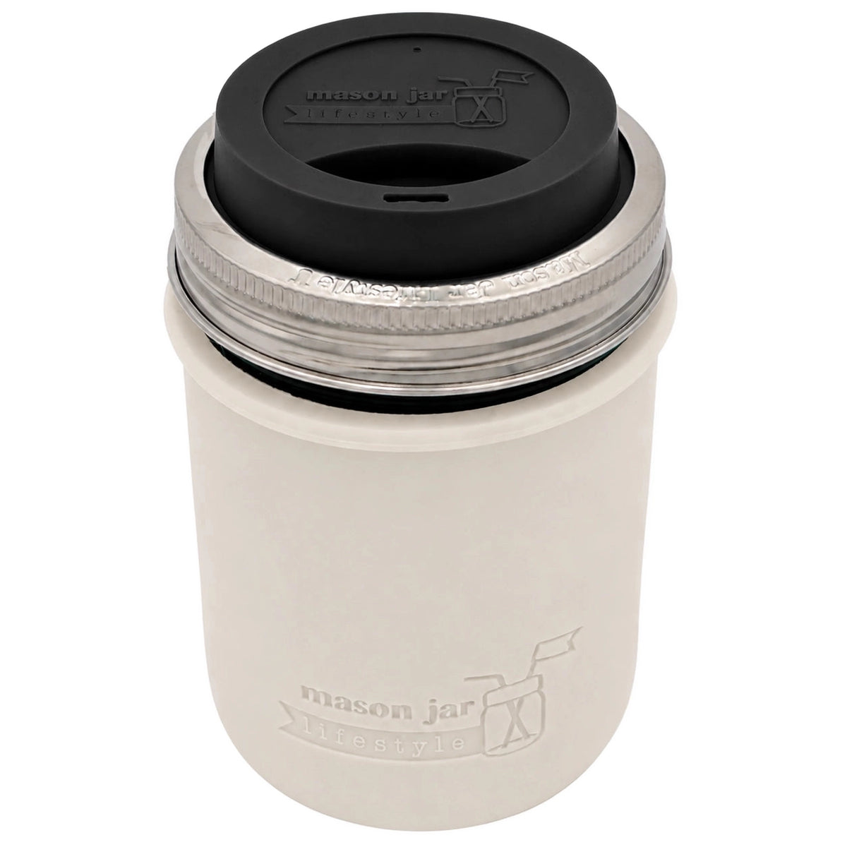 16oz Ball wide mouth mason jar travel mug with Greige silicone sleeve and Black drinking lid