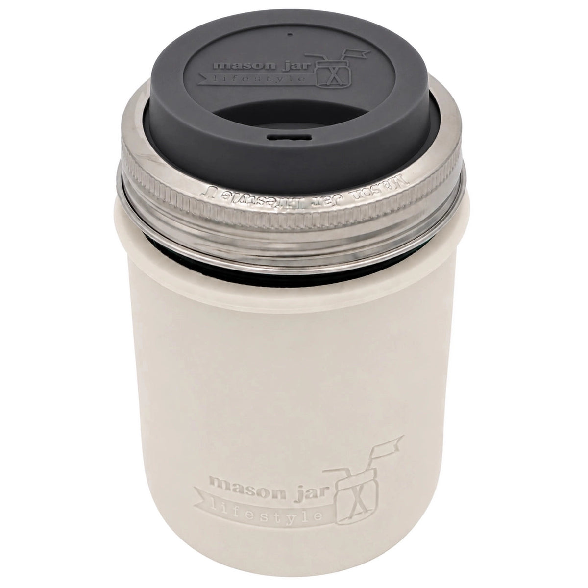 16oz Ball wide mouth mason jar travel mug with Greige silicone sleeve and Charcoal Gray drinking lid