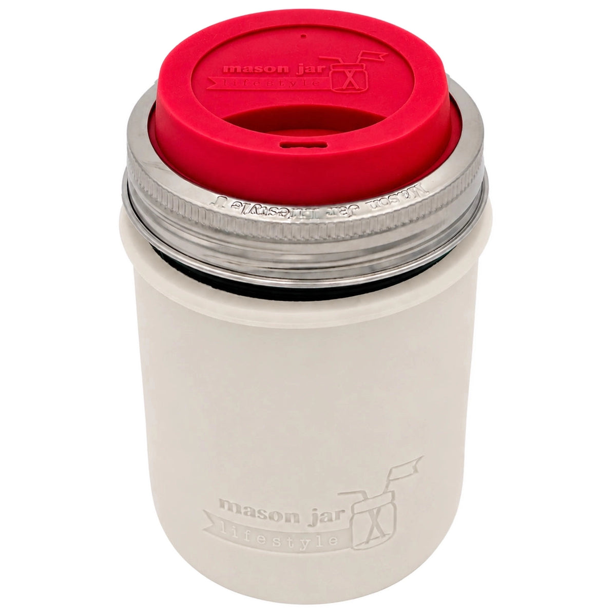 16oz Ball wide mouth mason jar travel mug with Greige silicone sleeve and Cherry Red drinking lid