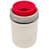 16oz Ball wide mouth mason jar travel mug with Greige silicone sleeve and Cherry Red drinking lid