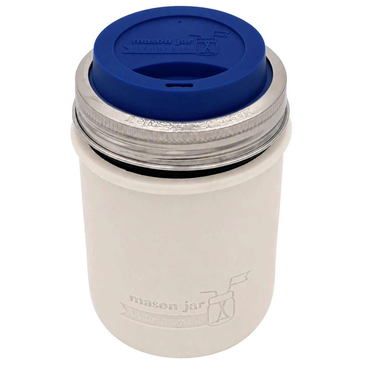 16oz Ball wide mouth mason jar travel mug with Greige silicone sleeve and Deep Blue drinking lid