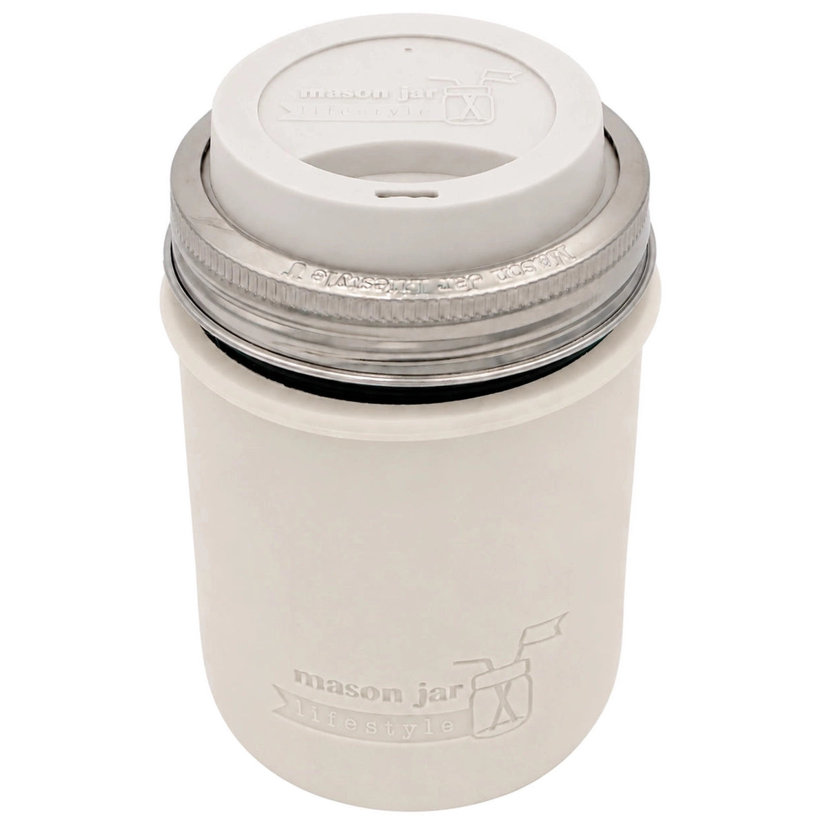 16oz Ball wide mouth mason jar travel mug with Greige silicone sleeve and Greige drinking lid