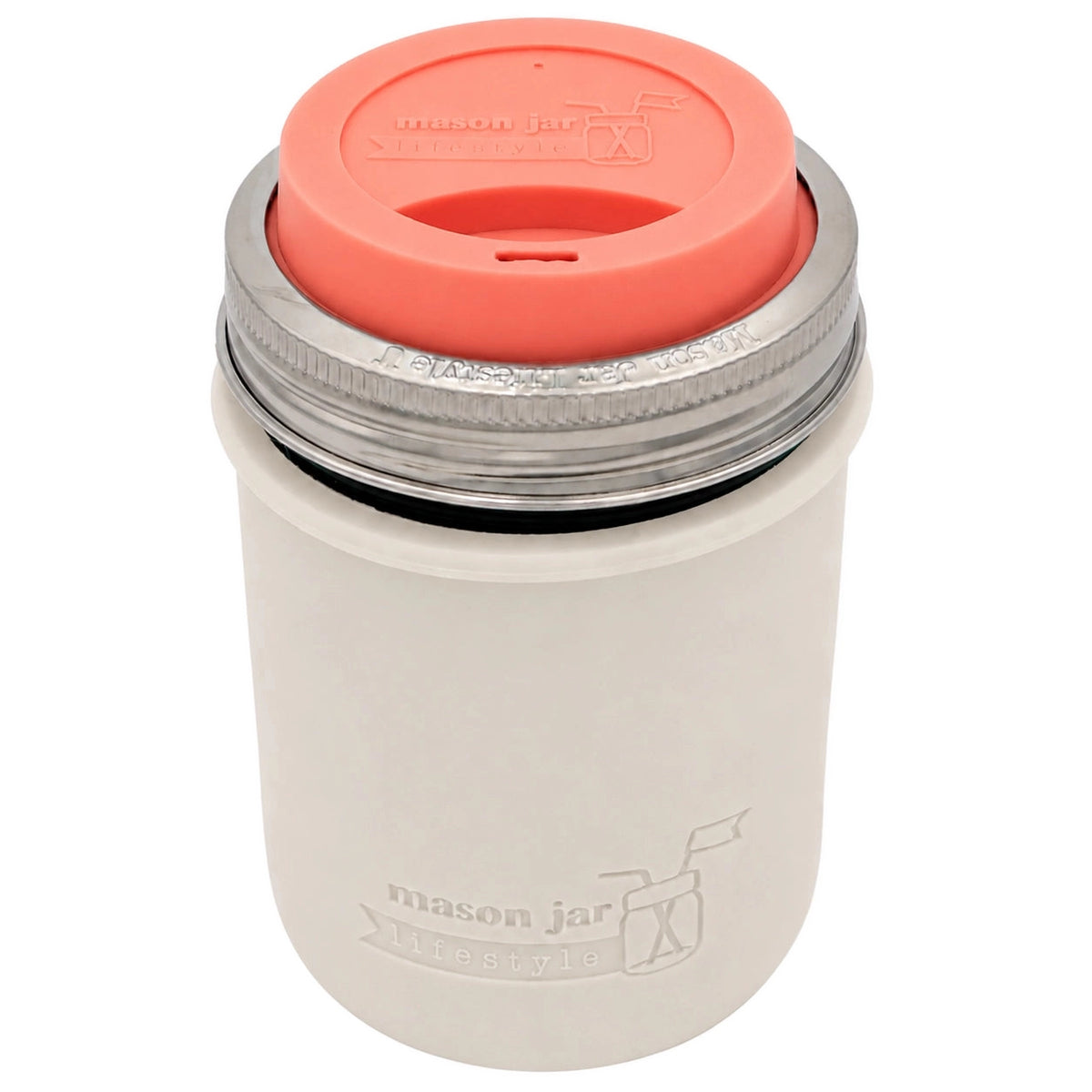 16oz Ball wide mouth mason jar travel mug with Greige silicone sleeve and Light Coral drinking lid