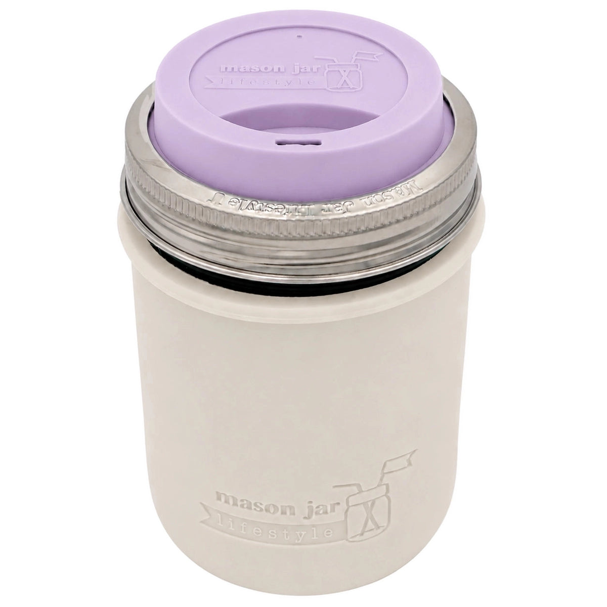 16oz Ball wide mouth mason jar travel mug with Greige silicone sleeve and Light Orchid drinking lid