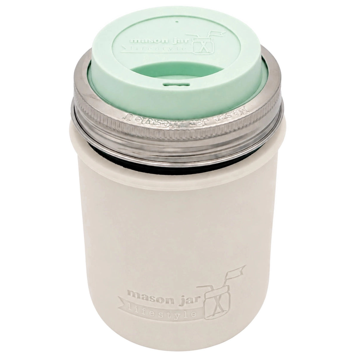 16oz Ball wide mouth mason jar travel mug with Greige silicone sleeve and Mint Green drinking lid