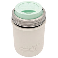 16oz Ball wide mouth mason jar travel mug with Greige silicone sleeve and Mint Green drinking lid