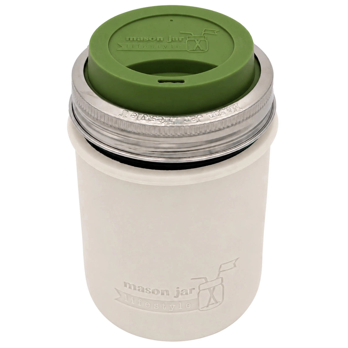 16oz Ball wide mouth mason jar travel mug with Greige silicone sleeve and Olive Green drinking lid