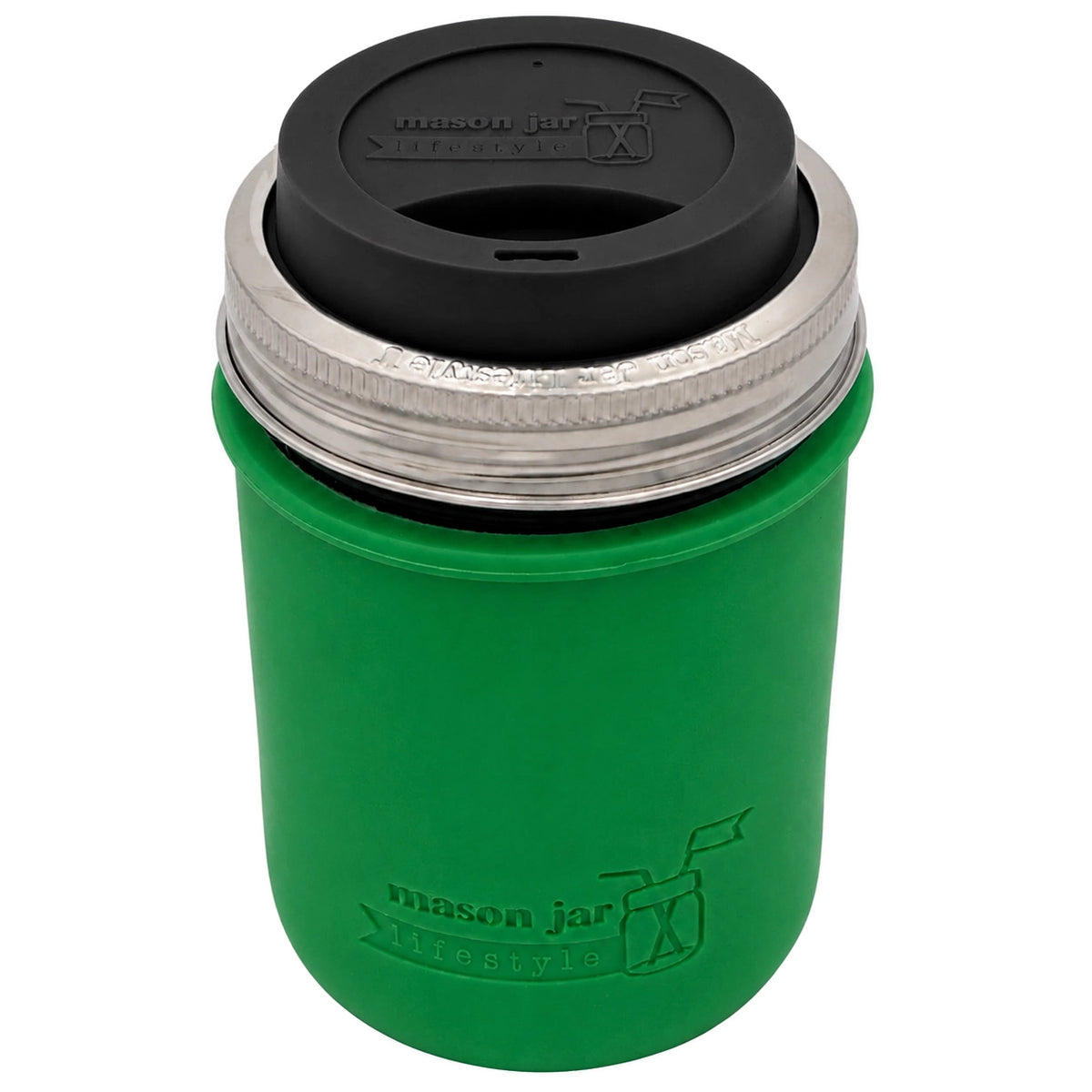 16oz Ball wide mouth mason jar travel mug with Leaf Green silicone sleeve and Black drinking lid