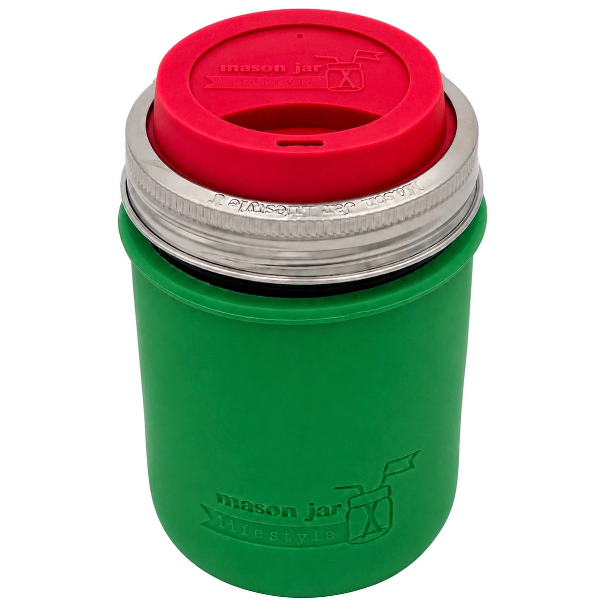 16oz Ball wide mouth mason jar travel mug with Leaf Green silicone sleeve and Cherry Red drinking lid