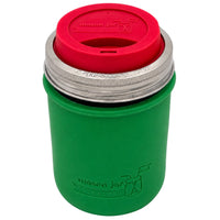 16oz Ball wide mouth mason jar travel mug with Leaf Green silicone sleeve and Cherry Red drinking lid