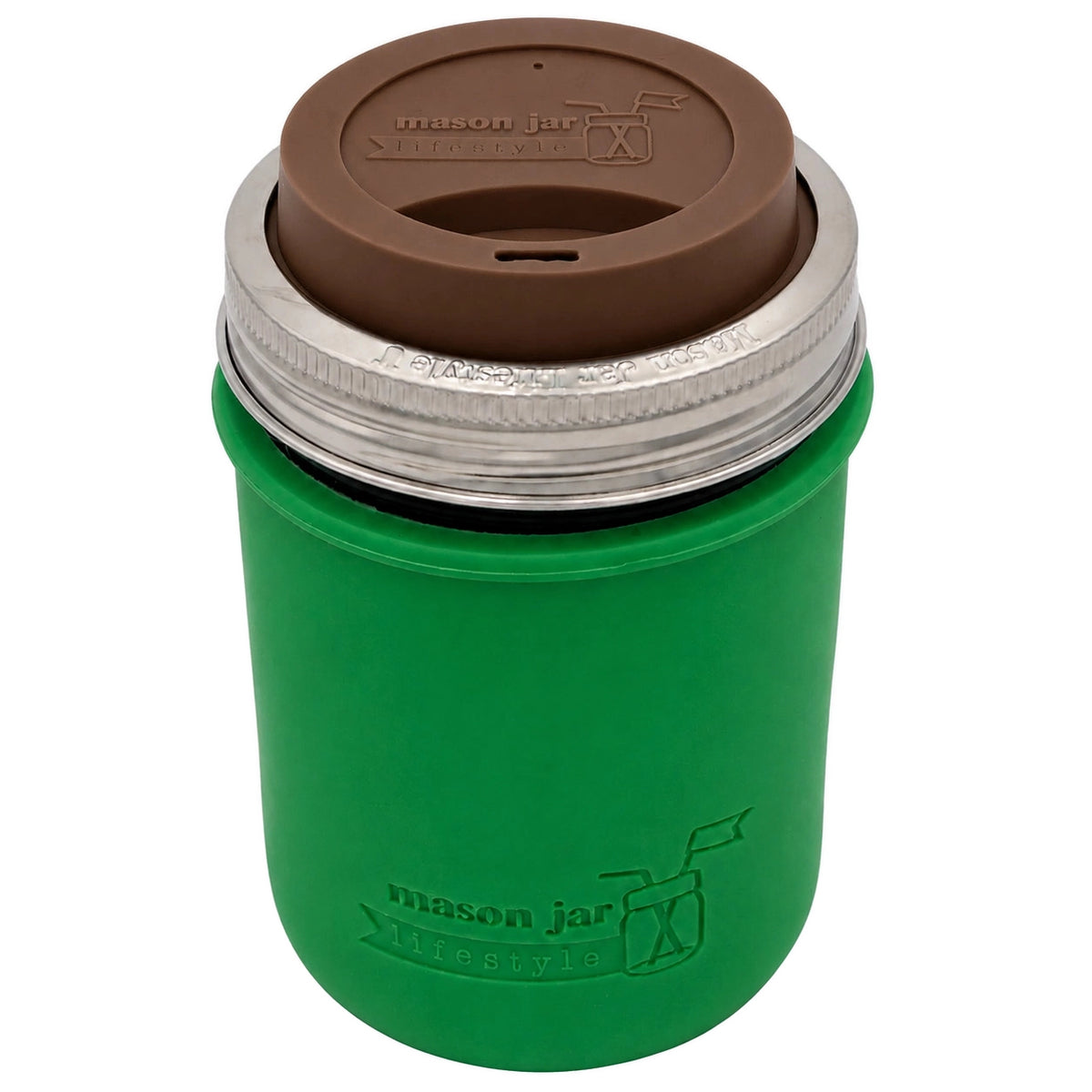 16oz Ball wide mouth mason jar travel mug with Leaf Green silicone sleeve and Cocoa Brown drinking lid