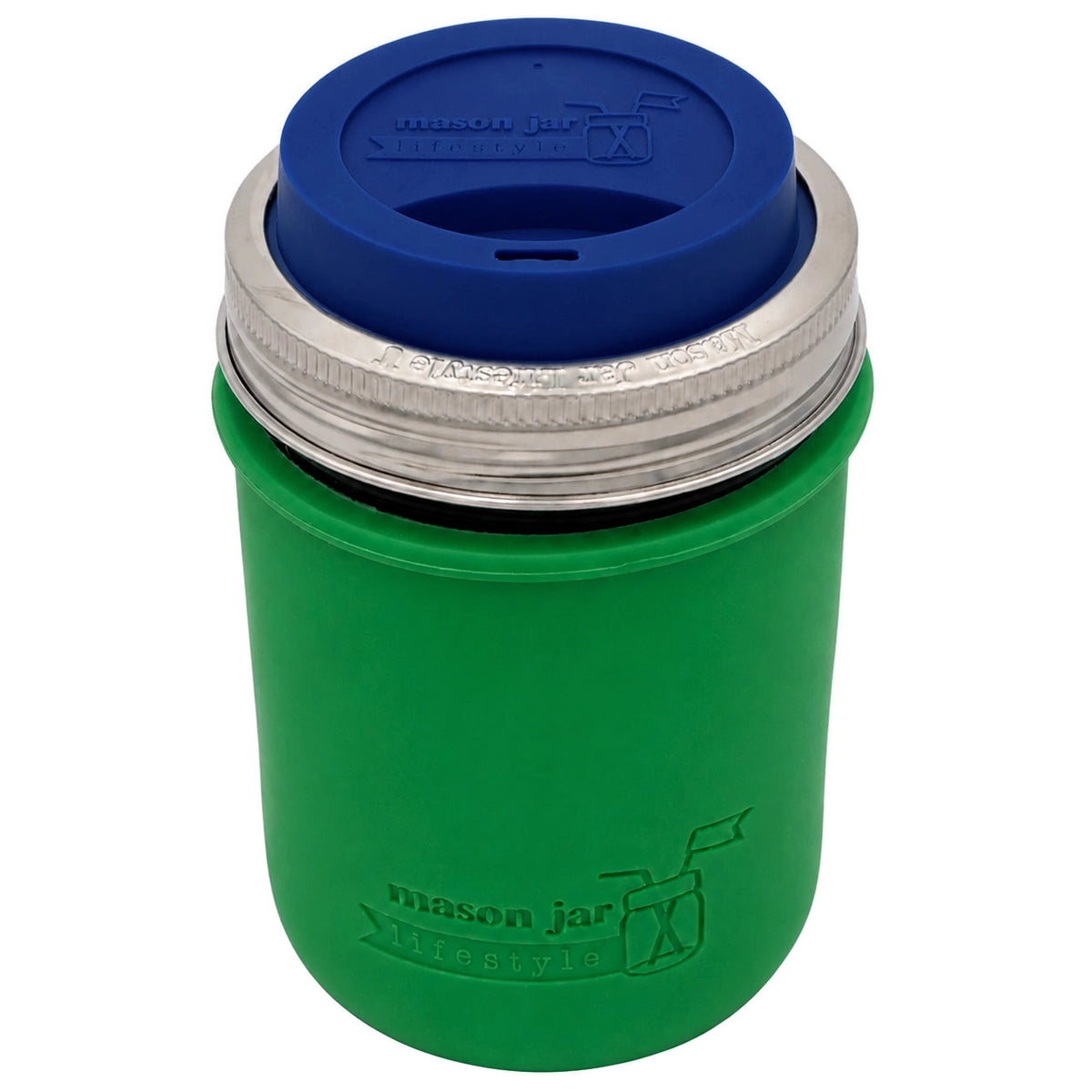 16oz Ball wide mouth mason jar travel mug with Leaf Green silicone sleeve and Deep Blue drinking lid