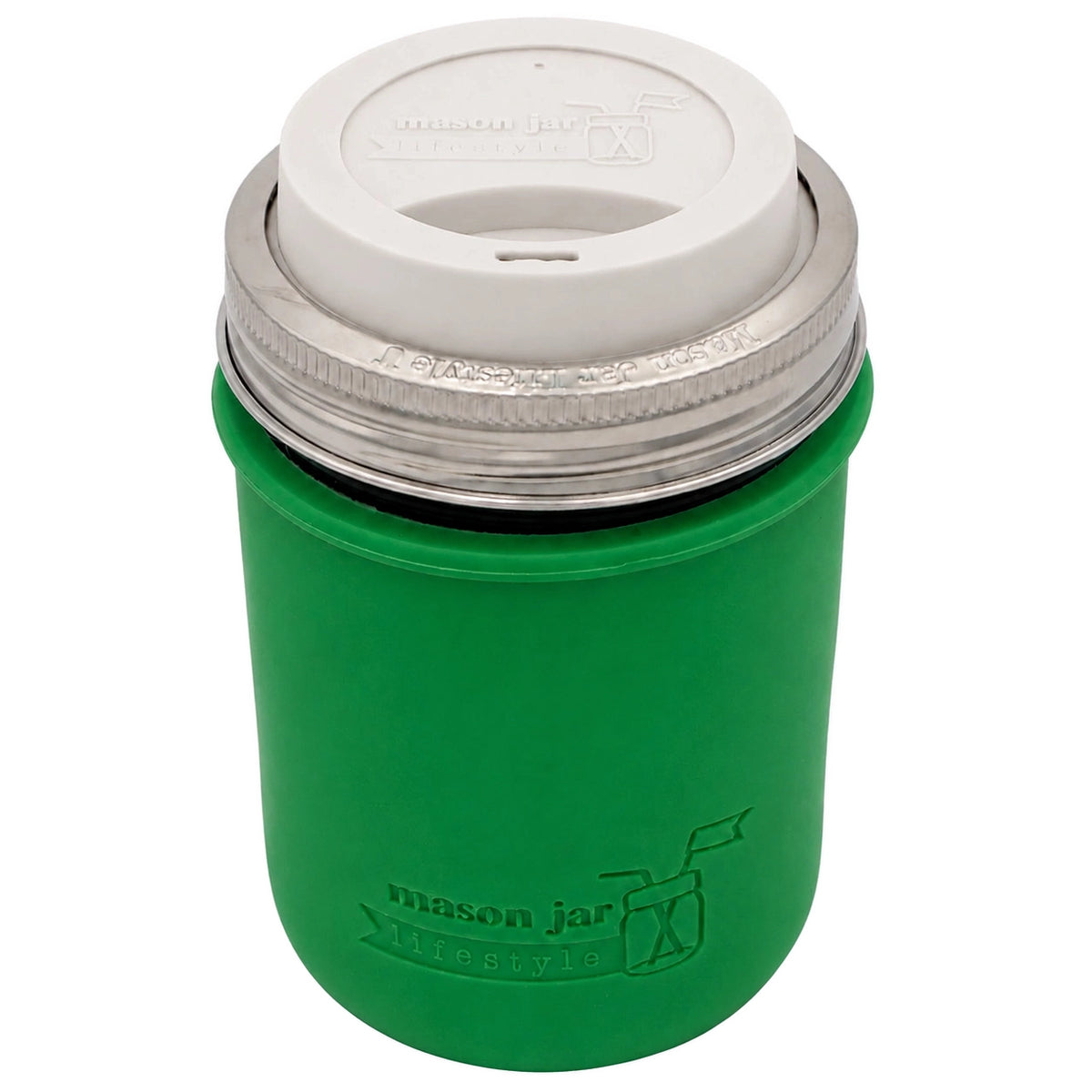 16oz Ball wide mouth mason jar travel mug with Leaf Green silicone sleeve and Greige drinking lid