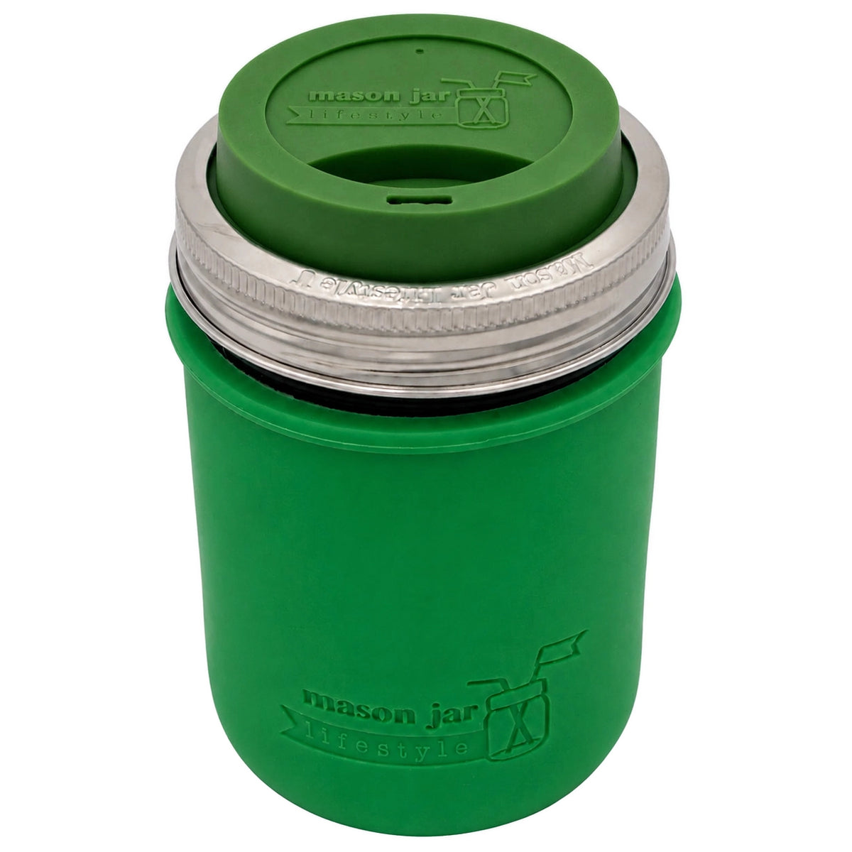 16oz Ball wide mouth mason jar travel mug with Leaf Green silicone sleeve and Leaf Green drinking lid