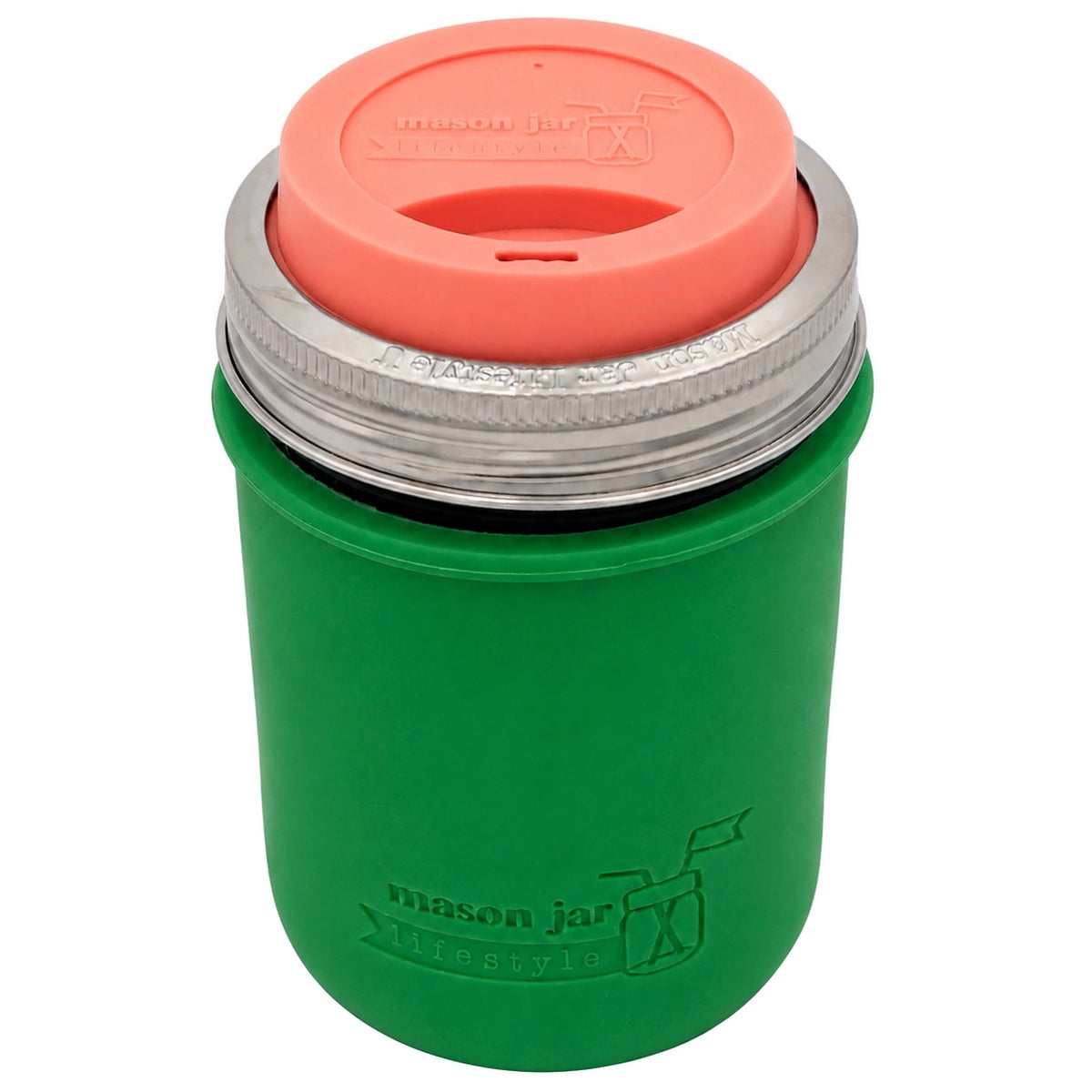 16oz Ball wide mouth mason jar travel mug with Leaf Green silicone sleeve and Light Coral drinking lid
