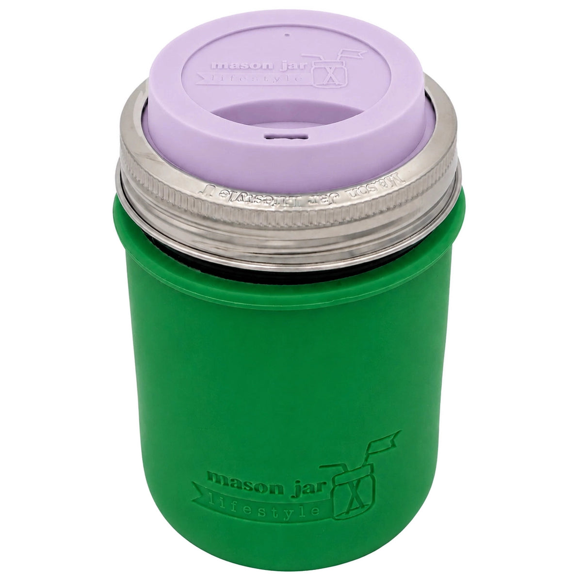 16oz Ball wide mouth mason jar travel mug with Leaf Green silicone sleeve and Light Orchid drinking lid