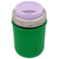 16oz Ball wide mouth mason jar travel mug with Leaf Green silicone sleeve and Light Orchid drinking lid