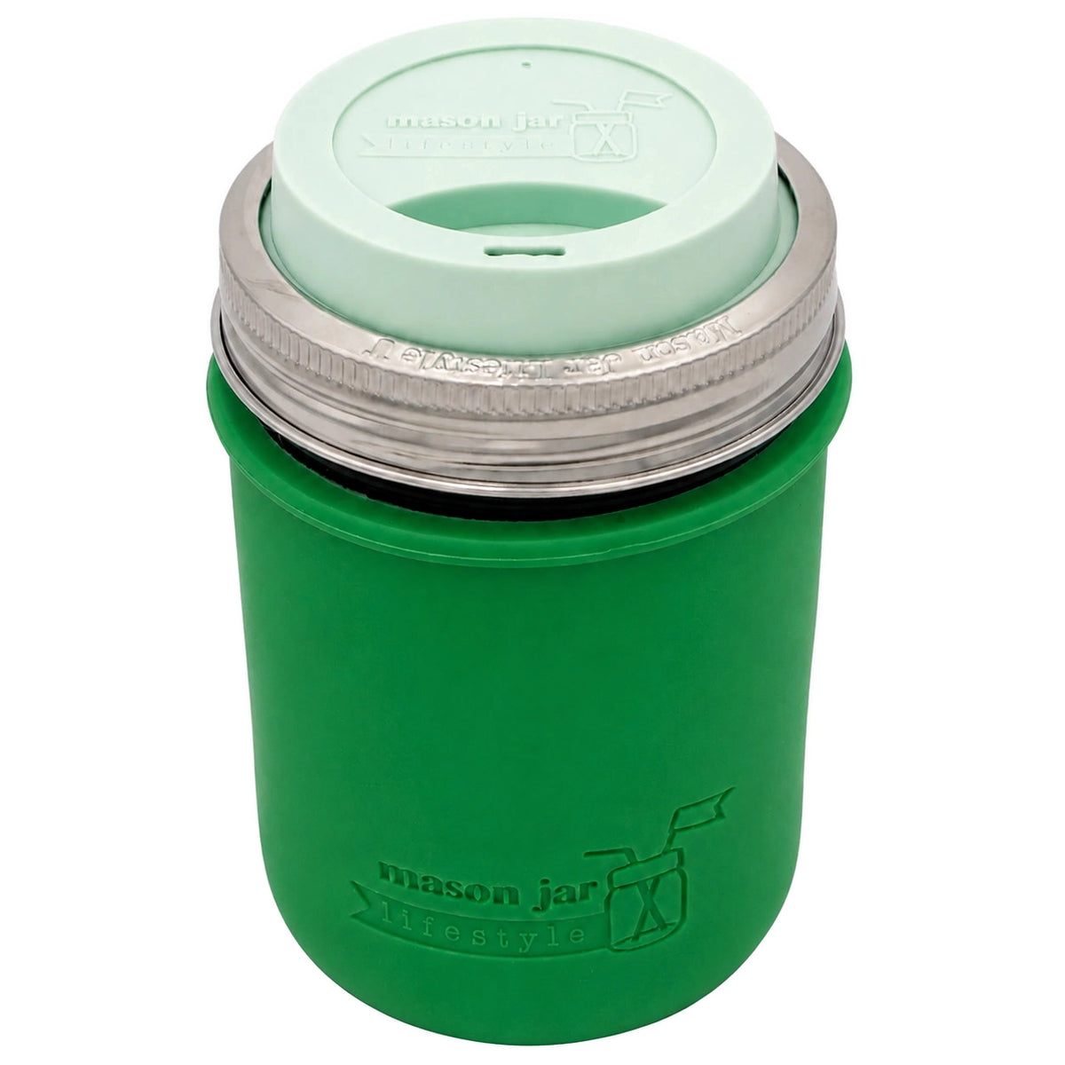 16oz Ball wide mouth mason jar travel mug with Leaf Green silicone sleeve and Mint Green drinking lid