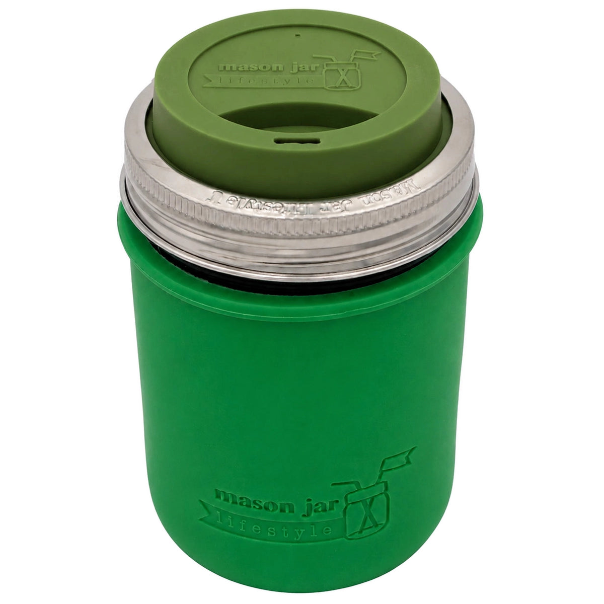 16oz Ball wide mouth mason jar travel mug with Leaf Green silicone sleeve and Olive Green drinking lid