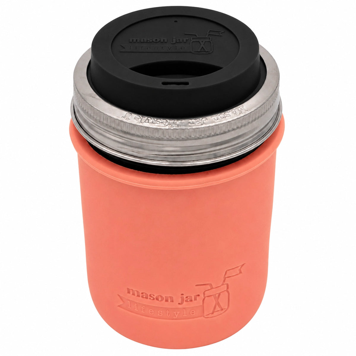 16oz Ball wide mouth mason jar travel mug with Light Coral silicone sleeve and Black drinking lid