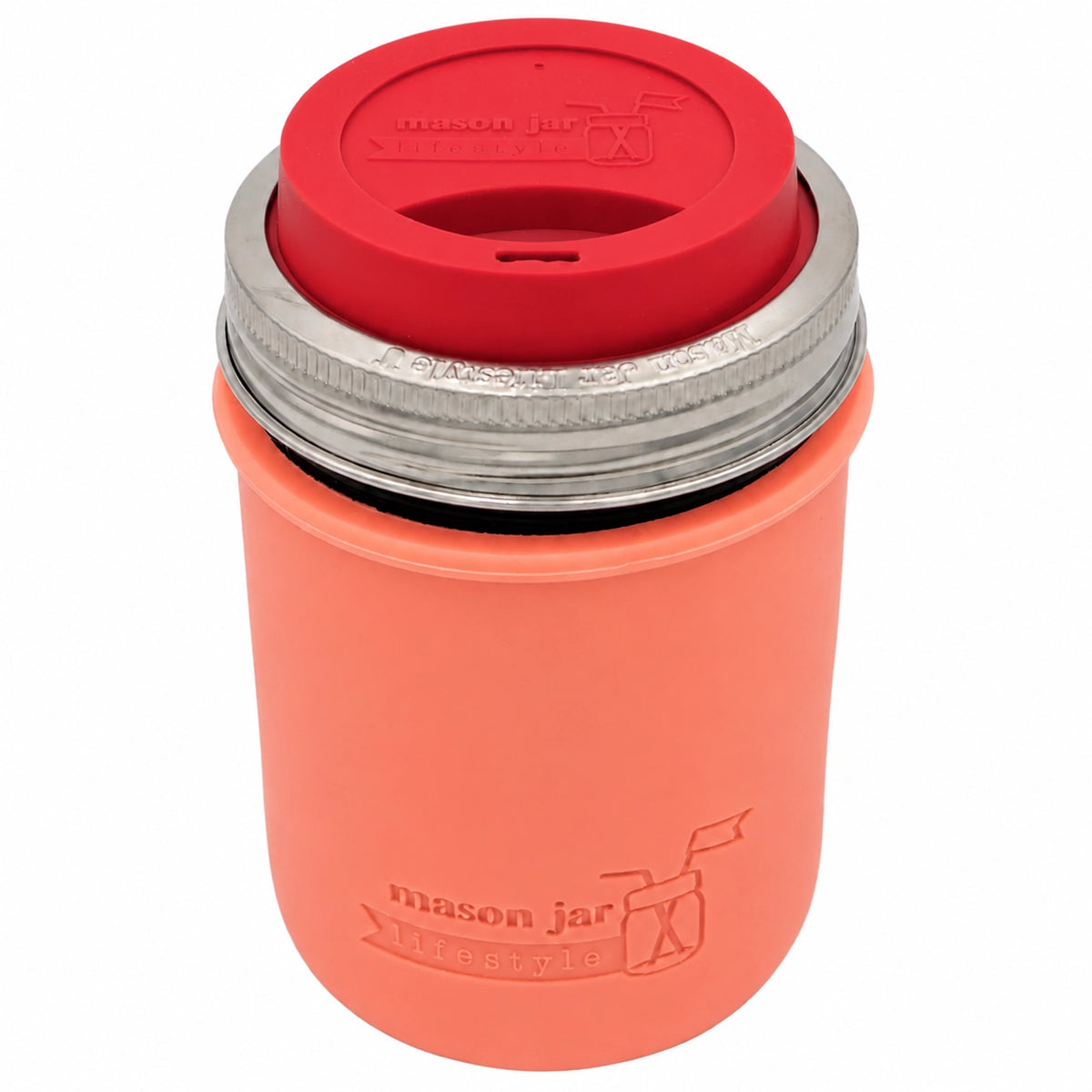 16oz Ball wide mouth mason jar travel mug with Light Coral silicone sleeve and Cherry Red drinking lid