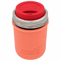 16oz Ball wide mouth mason jar travel mug with Light Coral silicone sleeve and Cherry Red drinking lid