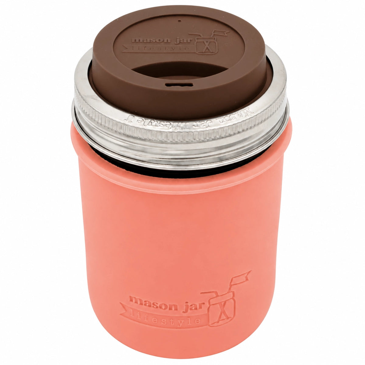16oz Ball wide mouth mason jar travel mug with Light Coral silicone sleeve and Cocoa Brown drinking lid