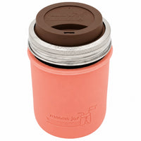 16oz Ball wide mouth mason jar travel mug with Light Coral silicone sleeve and Cocoa Brown drinking lid