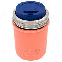 16oz Ball wide mouth mason jar travel mug with Light Coral silicone sleeve and Deep Blue drinking lid