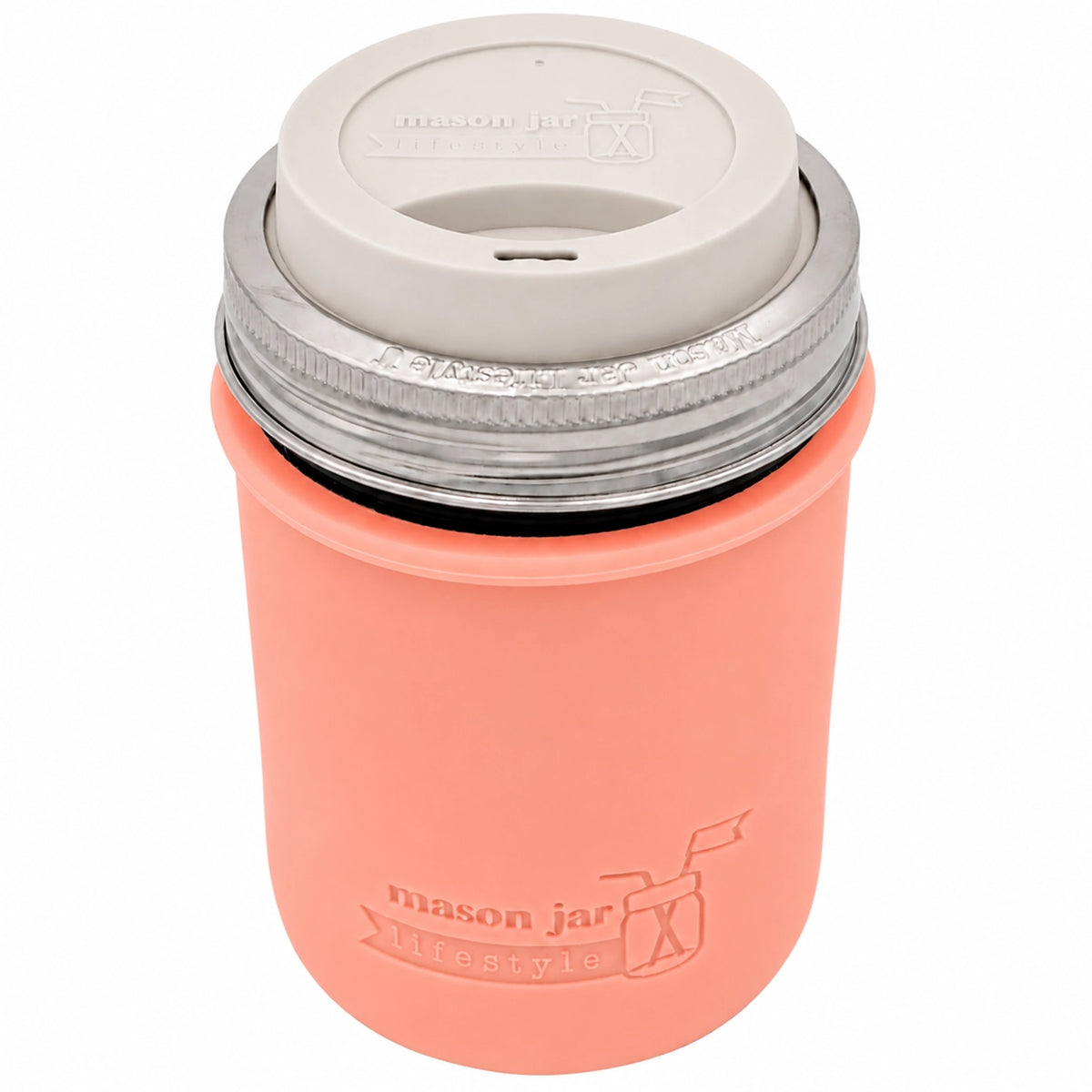 16oz Ball wide mouth mason jar travel mug with Light Coral silicone sleeve and Greige drinking lid